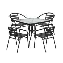 Alamont 31.5" Square Glass Metal Table with 4 Black Metal Aluminum Slat Stack Chairs